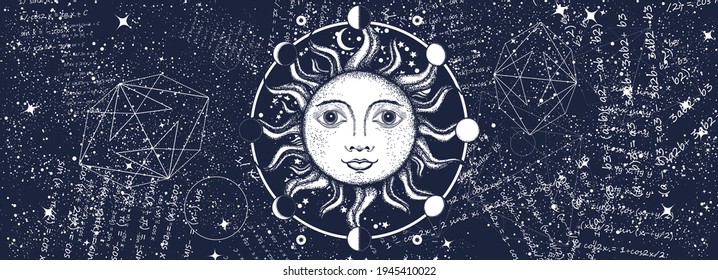 Medieval sun in universe. Black and white surreal graphic. Symbol of education, knowledge, dream, imagination