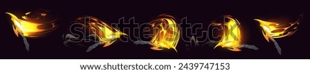 Medieval sword or ancient knife with slash light vfx effect for game ui design. Cartoon vector illustration set of sprite sheet animation step of fantasy weapon with blade swing. Yellow trail of swipe