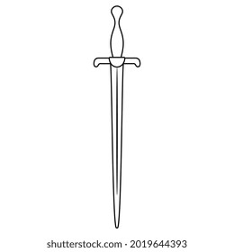 Medieval sword. Black and white linear silhouette. Isolated vector illustration.