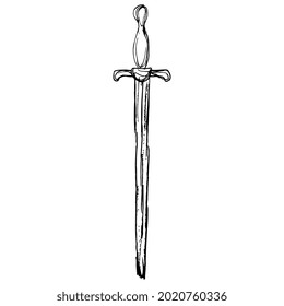 Medieval sword. Black and white linear silhouette. Hand drawn linear doodle rough sketch. Black silhouette on white background. Isolated vector illustration.