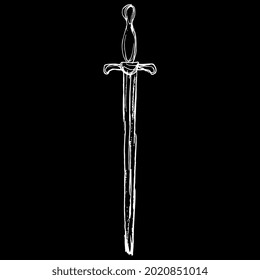Espada medieval. Silueta lineal blanca y negra. Esbozo en bruto de doodle lineal dibujado a mano. Silueta blanca sobre fondo negro. Ilustración vectorial aislada.