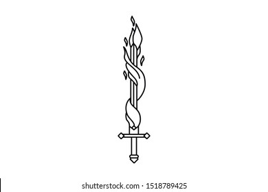 Medieval sword with burning blade among fire flames