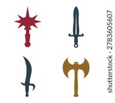 Medieval sword dagger axe and mace weapons on white background