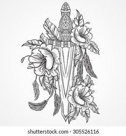 Medieval sword, flowers, leaves and feathers. Vintage floral highly detailed hand drawn illustration. Isolated elements. Victorian Motif. Tattoo design