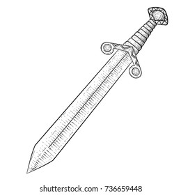 Medieval sword. Hand drawn sketch. Vector illustration isolated on white background