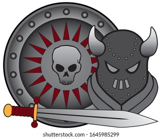 A medieval sword, helmet and shield are ready to be taken into battle
