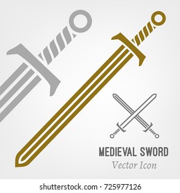 Medieval sword icon. Beautiful vector illustration in gray and bronze colours isolated on a light background.