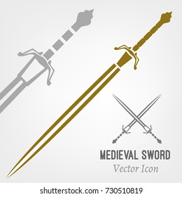 Medieval sword icon. Beautiful vector illustration in gray and bronze colours isolated on a light background.