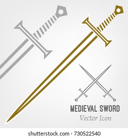 Medieval sword icon. Beautiful vector illustration in gray and bronze colours isolated on a light background.