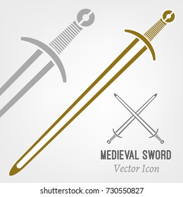 Medieval sword icon. Beautiful vector illustration in gray and bronze colours isolated on a light background.
