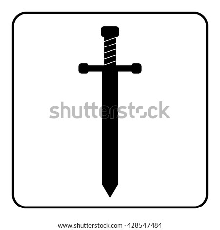 Medieval sword icon. Black silhouette isolated on white background. Symbol of knight, warrior, weapon and victory, battle, templar. Flat style. Military historic traditional design Vector illustration
