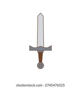 Medieval sword illustration features a gray blade and brown handle in a simple graphic design.