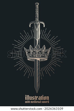 medieval sword isolated on black and gold background with crown