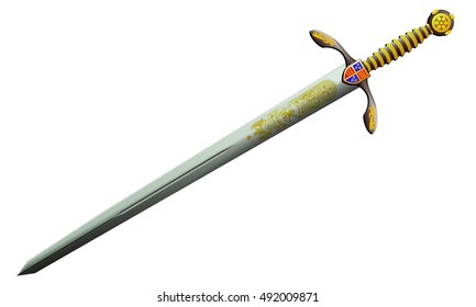 Medieval sword, isolated on white background, with engravings