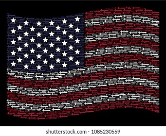 Medieval sword items are grouped into waving USA flag stylization on a dark background. Vector collage of American state flag is created from medieval sword elements.