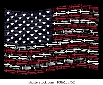 Medieval sword items are organized into waving United States flag abstraction on a dark background. Vector collage of American state flag is organized from medieval sword elements.