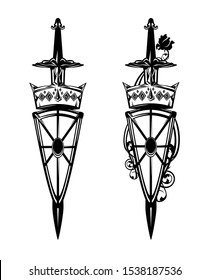 medieval sword piercing crown and long heraldic shield with rose flower - antique royal coat of arms black and white vector design