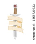 Medieval sword with ribbon around it. Flat vector illustration isolated on white background.