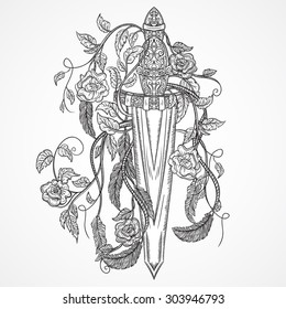 Medieval sword, roses, leaves and feathers. Vintage floral highly detailed hand drawn illustration. Isolated elements. Victorian Motif. Tattoo design