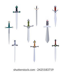 dibujo animado del conjunto de la espada medieval. cuchillo viejo, daga vikingo, escudo de batalla símbolo medieval. símbolo aislado ilustración vectorial