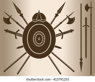 Medieval Sword And Shield. Decorative element. Emblem - a shield with a helmet and cold steel. Vector illustration.
