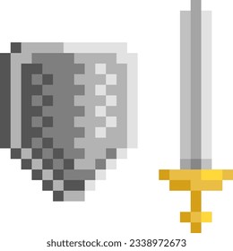 Dibujo medieval de la espada y el píxel de la pantalla. Ilustración vectorial de dibujos animados.