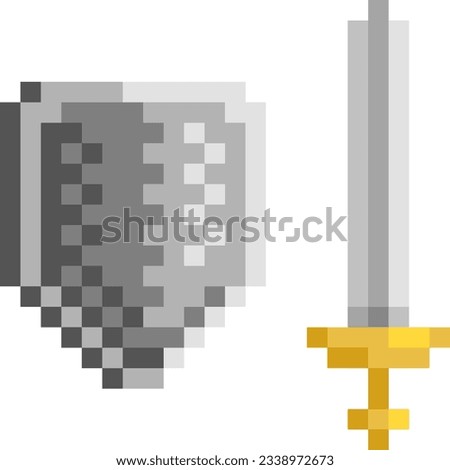 Medieval sword and shield pixel art. Cartoon vector illustration.