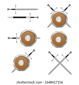 Ilustración vectorial de la espada y del escudo medievales aislada sobre fondo blanco