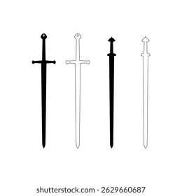 Mittelalterliche Schwert Silhouetten und Umriss Vektor Set Vintage Ritter Waffe Icons Collection auf weißem Hintergrund