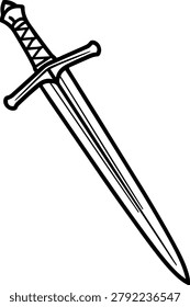 Medieval sword standing with sharp blade on transparent background.