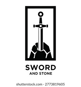 Medieval sword stuck in stone, symbol of legend and power, mythical scene