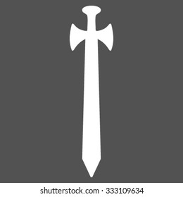 Medieval Sword vector icon. Style is flat symbol, white color, rounded angles, gray background.