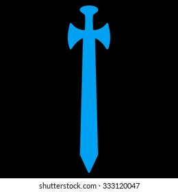 Medieval Sword vector icon. Style is flat symbol, blue color, rounded angles, black background.