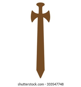 Medieval Sword vector icon. Style is flat symbol, brown color, rounded angles, white background.