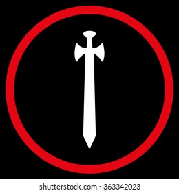Medieval Sword vector icon. Style is bicolor flat circled symbol, red and white colors, rounded angles, black background.