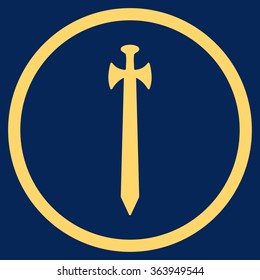 Medieval Sword vector icon. Style is flat circled symbol, yellow color, rounded angles, blue background.