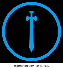Medieval Sword vector icon. Style is flat circled symbol, blue color, rounded angles, black background.