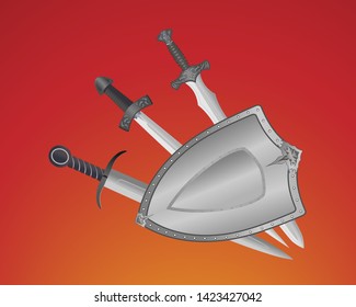 Medieval swords behind the forged shield. Ancient weapons, vector illustration