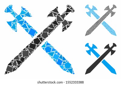 Medieval swords composition of bumpy parts in variable sizes and color tints, based on medieval swords icon. Vector rugged parts are united into composition.