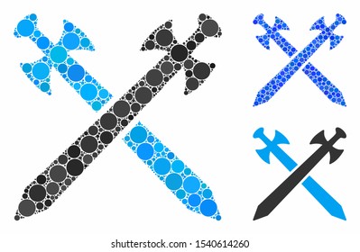 Medieval swords composition of small circles in variable sizes and color tinges, based on medieval swords icon. Vector small circles are grouped into blue composition.