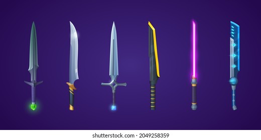 Medieval Swords And Futuristic Laser Weapons For Game Interface. Vector Cartoon Set Of Fantasy Metal Longswords And Cosmic Blades With Neon Light Isolated On Background