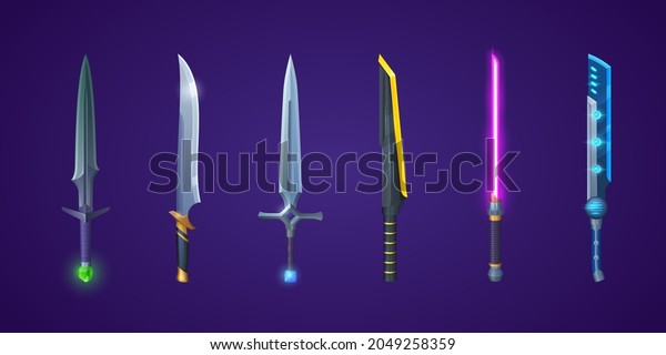 Medieval swords and\
futuristic laser weapons for game interface. Vector cartoon set of\
fantasy metal longswords and cosmic blades with neon light isolated\
on background