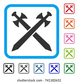 Medieval Swords icon. Flat grey iconic symbol inside a light blue rounded squared frame. Black, gray, green, blue, red, orange color additional versions of Medieval Swords vector.