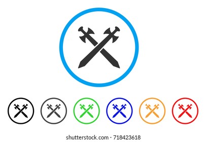 Medieval Swords rounded icon. Style is a flat medieval swords gray symbol inside light blue circle with black, gray, green, blue, red, orange versions. Vector designed for web and software interfaces.