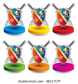 medieval swords and shield on colored discs