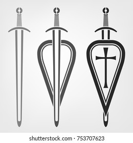 Medieval swords and shields. Heraldic design elements useful for creating logos, icons, badges and emblems. Vector illustration in grey color isolated on white background.