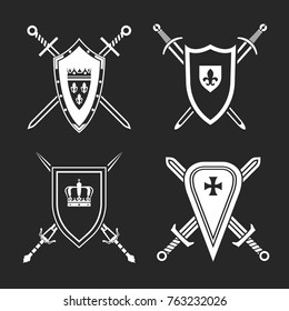 Medieval swords and shields. Heraldic design elements useful for creating logos, icons, badges and emblems. Vector illustration in white color isolated on a dark grey background.