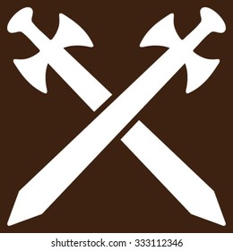 Medieval Swords vector icon. Style is flat symbol, white color, rounded angles, brown background.
