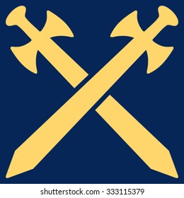 Medieval Swords vector icon. Style is flat symbol, yellow color, rounded angles, blue background.