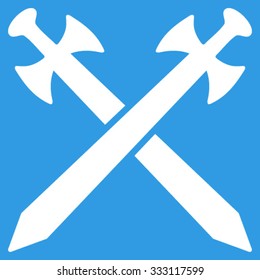 Medieval Swords vector icon. Style is flat symbol, white color, rounded angles, blue background.